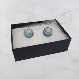 Vintage Blue Turquoise Silver Round Stud Earrings